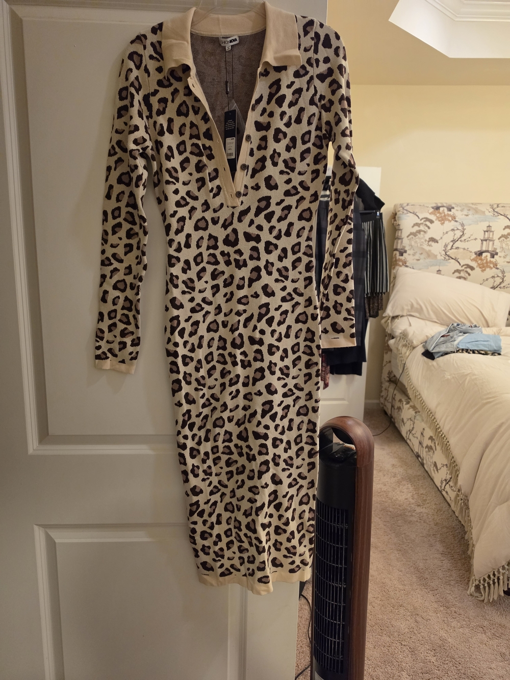 Leopard Print Long Sleeve Polo Midi Dress in Beige and Black